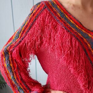 Vintage 80's "French Rags" Hot Pink Shag Fringe Deep V-Neck Spring Punk Sweater